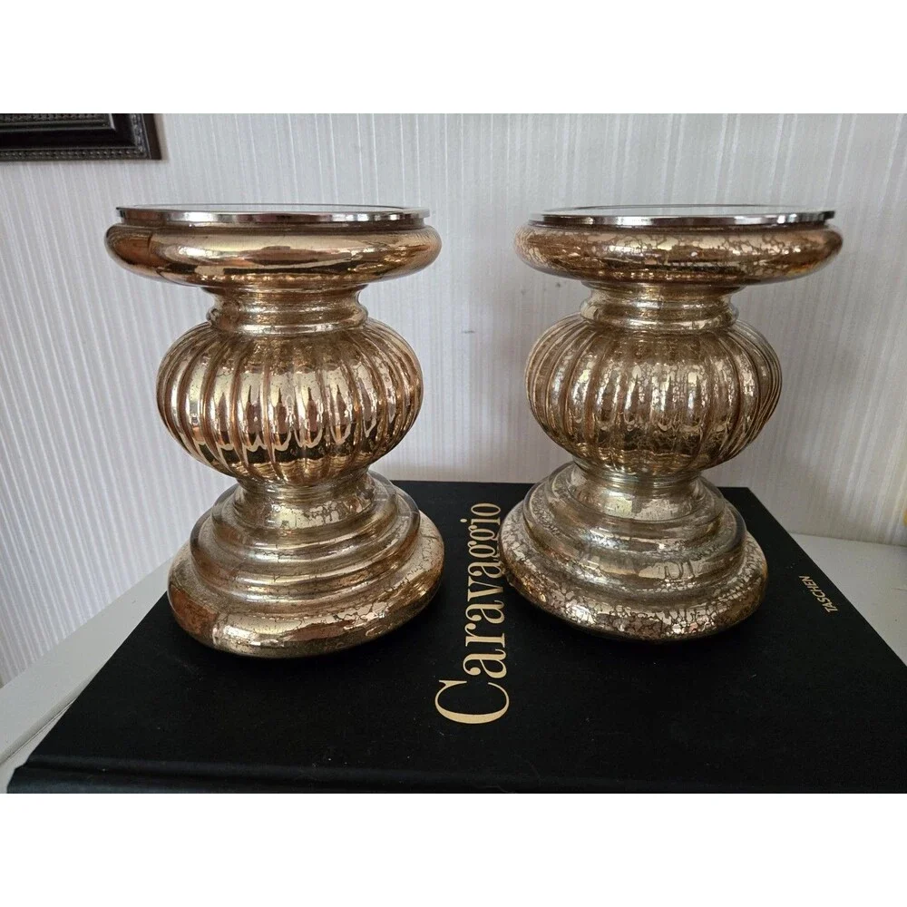 Set of 2 Gold Candle Holder Pedestals with Mirror Inserts by Valerie Parr Hill